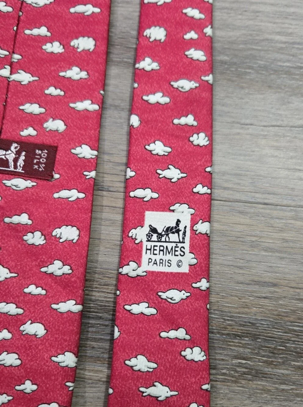 Vintage Hermes Paris Red Silk Necktie Cloud Bunny Rabbit Pattern France 7853 UA
